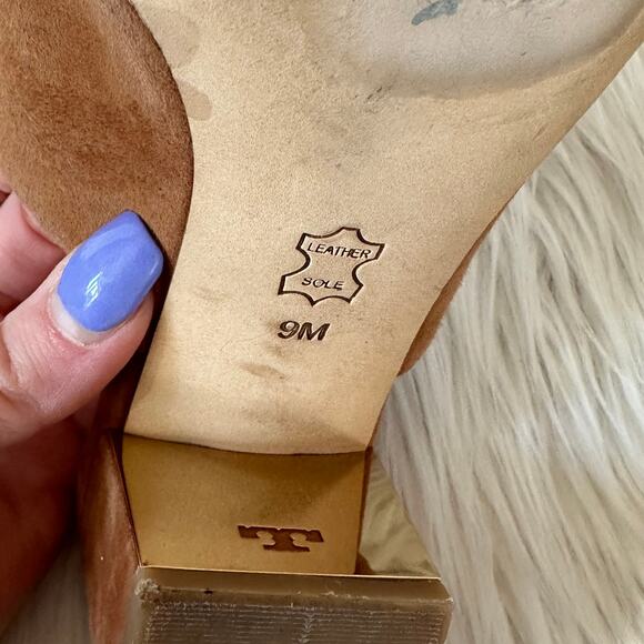 Tory Burch Salinas Mule Suede Leather Open Toe Block Heel Sandals, Tan - Picture 9 of 11